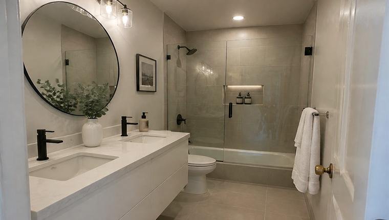 The same bathroom after renovation, with a floating double vanity, round mirror and full glass shower.