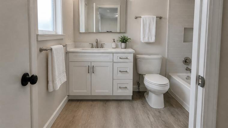 The same bathroom after renovation, with a white shaker vanity, new lighting and wood-look plank flooring.