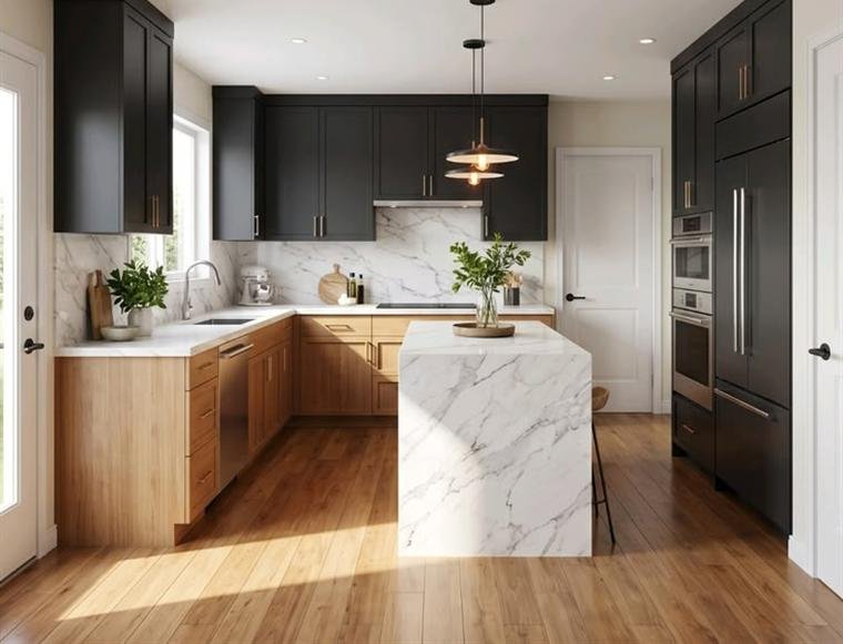 The same kitchen after renovation, with black upper cabinets, white oak bases and a waterfall marble island.