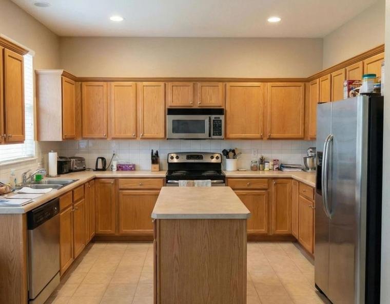 Kitchen with honey-oak cabinets, laminate counters and beige tile floor, before renovation.