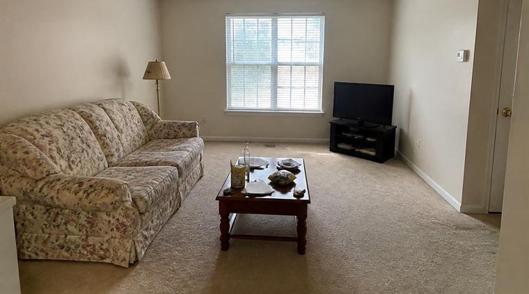 Living room with worn beige carpet, a floral sofa and a dated side lamp, before renovation.
