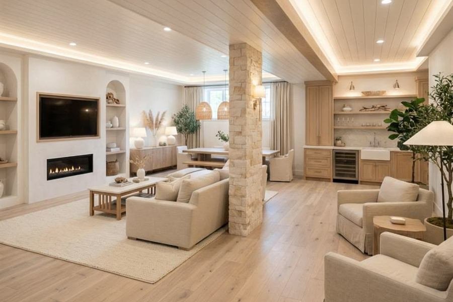 A finished basement living space with a linear fireplace, built-in shelving, wet bar and light oak flooring.